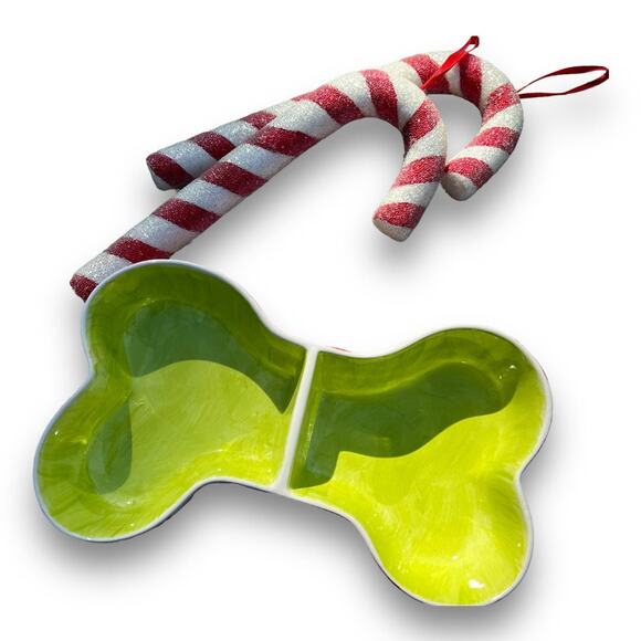 Dog Food & Water Bowl in a Dog Bone Shape with Peppermint Design - Picture 2 of 10